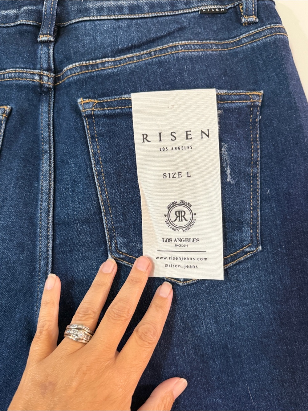 Risen Dark Blue Distressed Denim Jean Shorts - Mid Rise - Picture 6 of 8